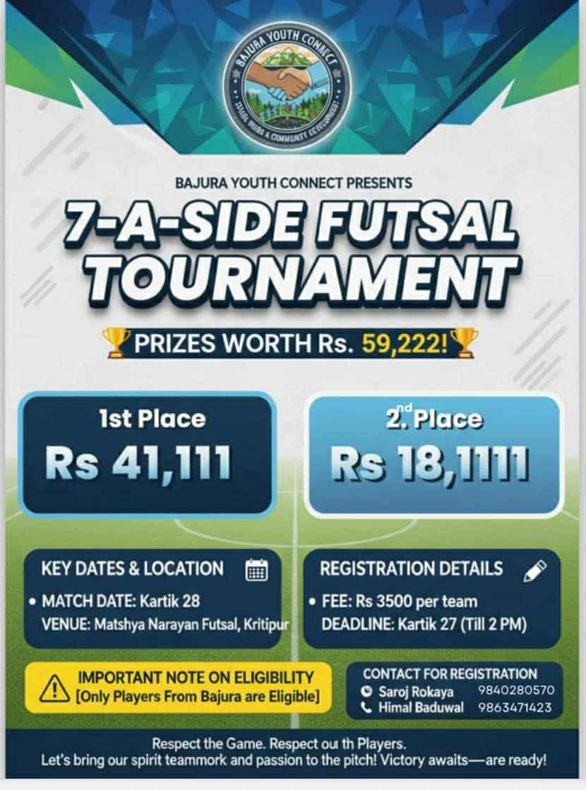 काठमाण्डौंमा बाजुरा युथ कनेक्टद्वारा सेभन-ए-साइड फुटसल प्रतियोगिता हुने