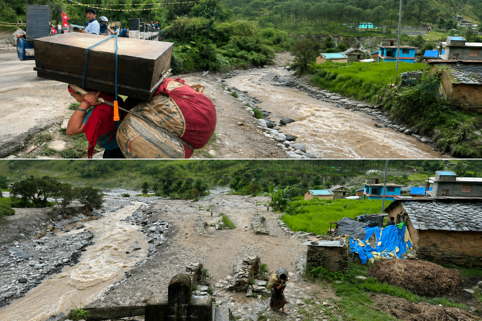 वीरेखोला झरनामा मध्यराति भीषण बाढी, बस्ती नै जोखिममा परेपछि स्थानीय विस्थापित