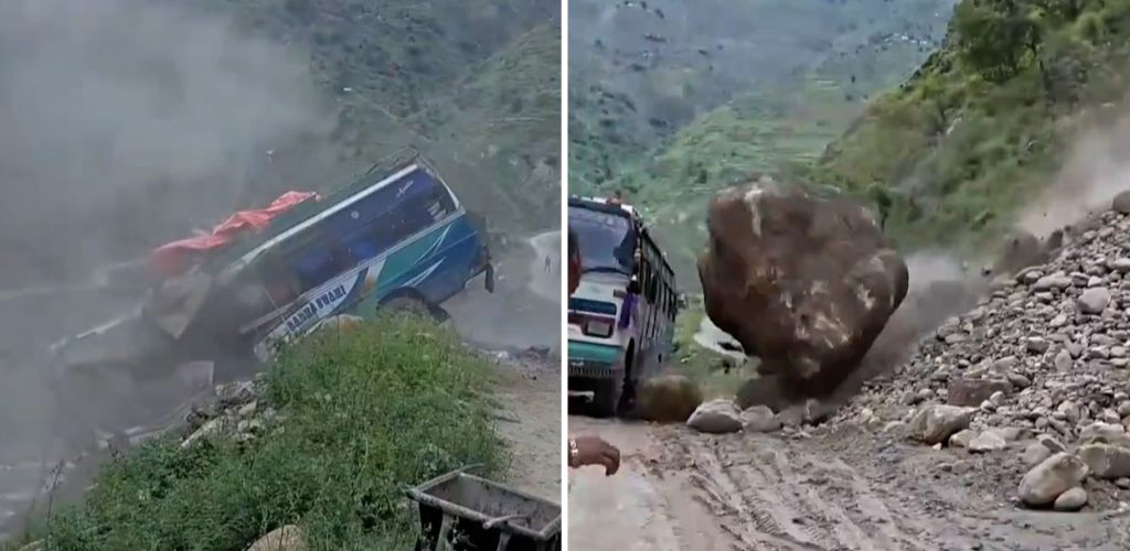 पहिरोसँगै खसेको ढुङ्गाले बसमा ठक्कर दिँदा कर्णाली करिडोर अवरुद्ध, ७ यात्रु सकुशल