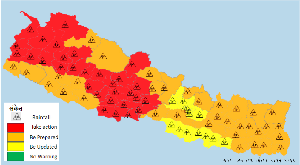 थप तीन दिन मनसुन सक्रिय हुँदा बाजुरा सहित ३० जिल्ला ‘रेड जोन’मा