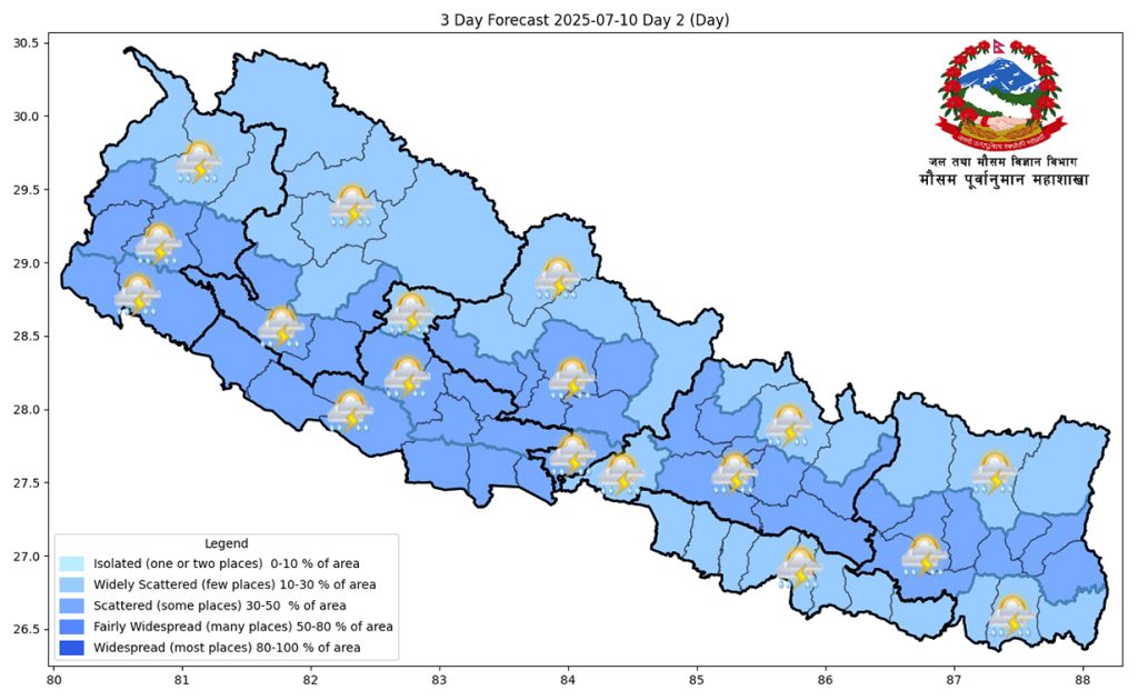 कोशी, बाग्मती, लुम्बिनी र सुदूरपश्चिममा भारी वर्षाको सम्भावना, सतर्क रहन आग्रह